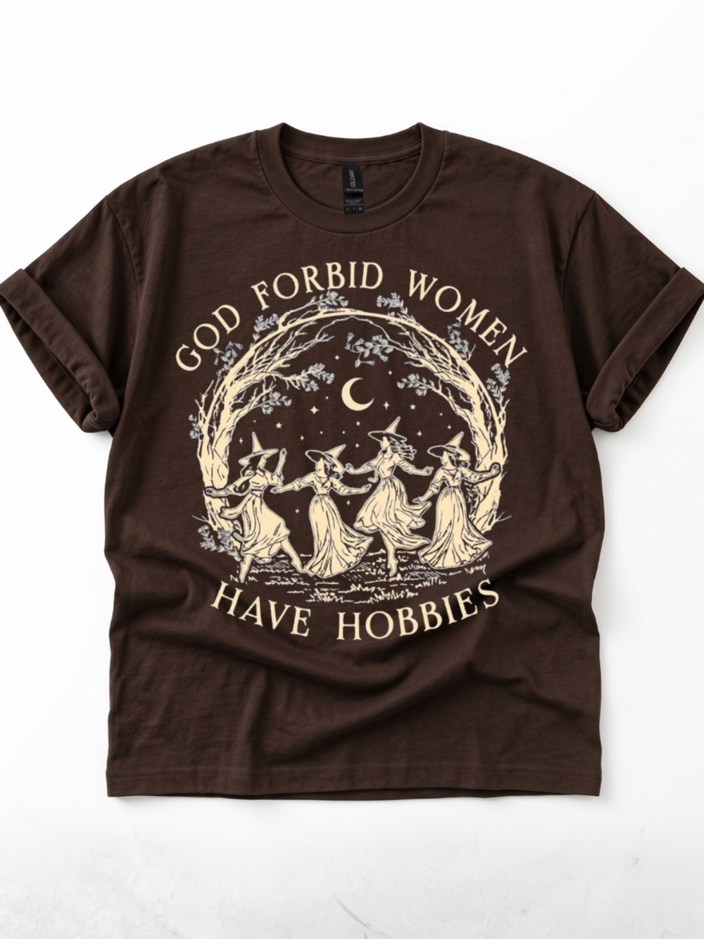 Gildan Brown T-Shirt with Cream Witch Circle Graphic